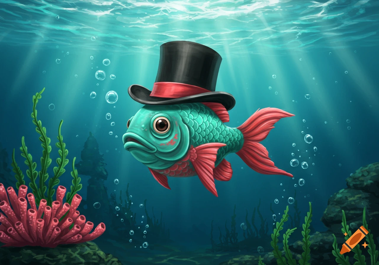 A stylized teal fish with red fins wearing a black top hat with a red band, swimming underwater with bubbles and coral.