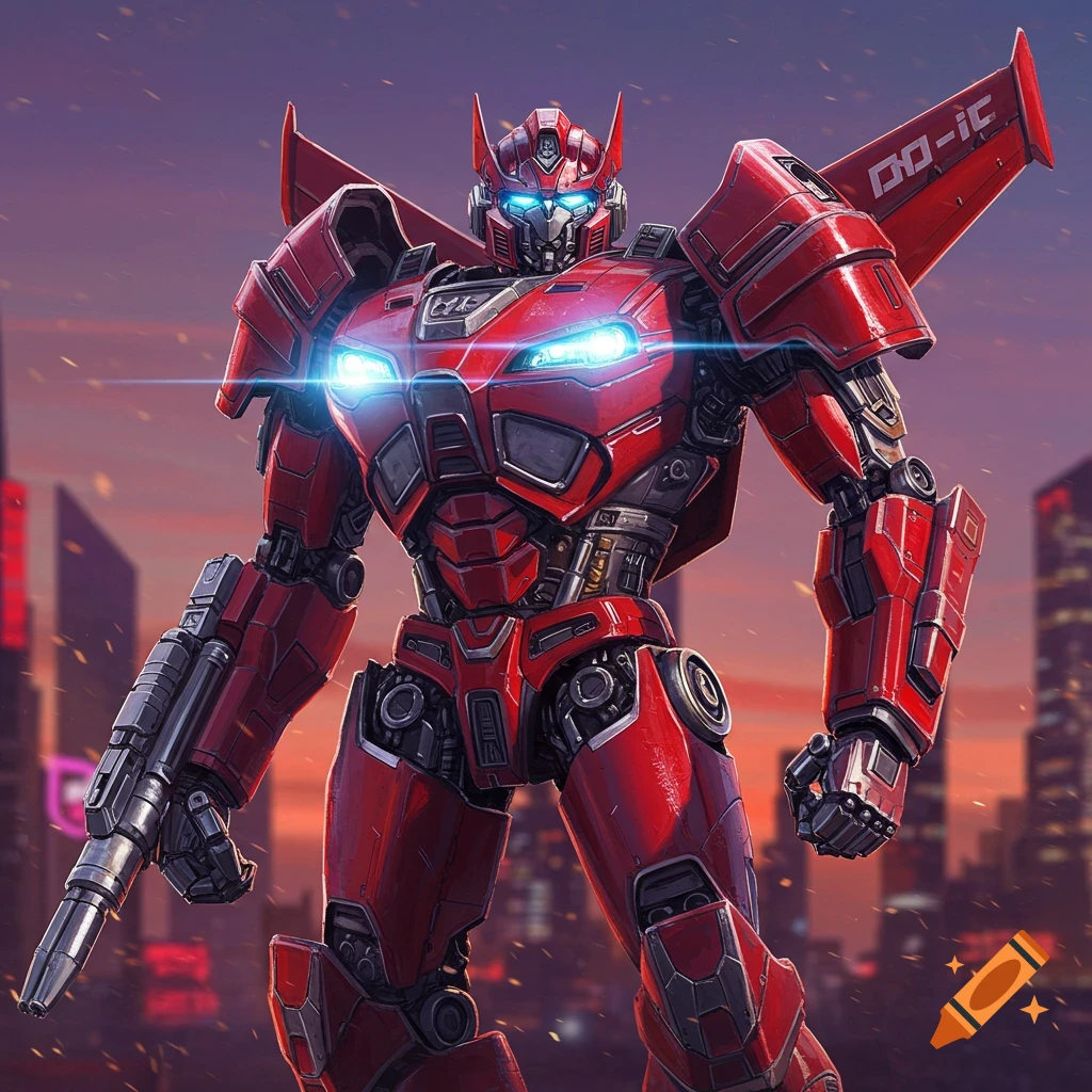A red transformer-like robot with glowing blue eyes, holding a gun, stands against a city skyline at dusk.