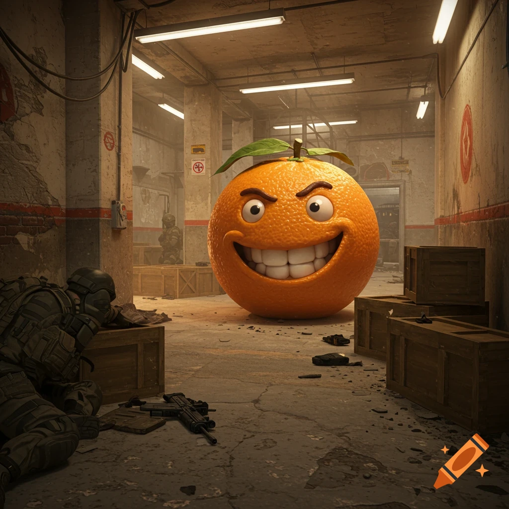 A huge smiling cartoon orange with angry eyebrows stands in a gritty, dilapidated room with armed soldiers and weapons, like a video game.