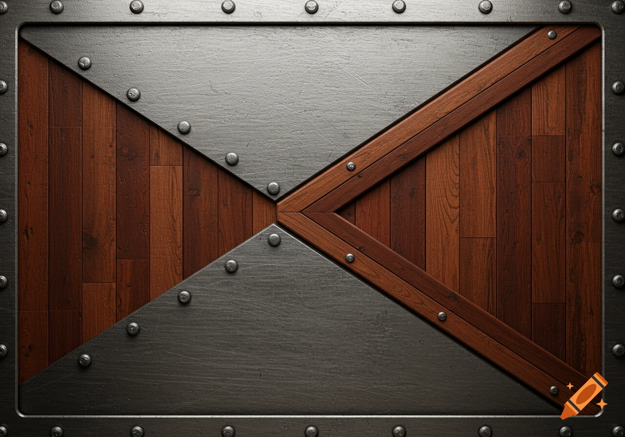 A geometric background of dark metal plates with rivets and reddish-brown wooden planks.
