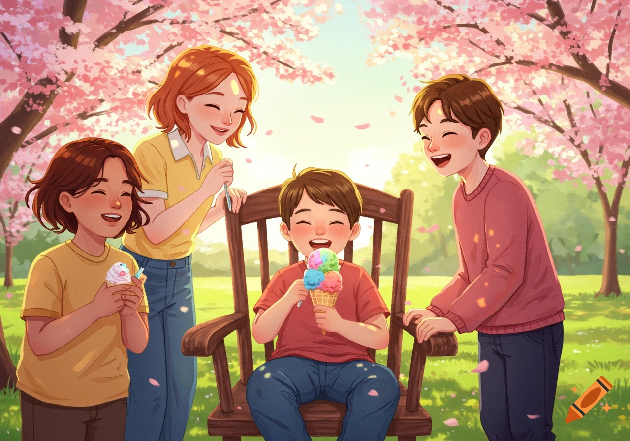 Four smiling children enjoying ice cream under blooming pink cherry blossom trees on a sunny day, cartoon style.