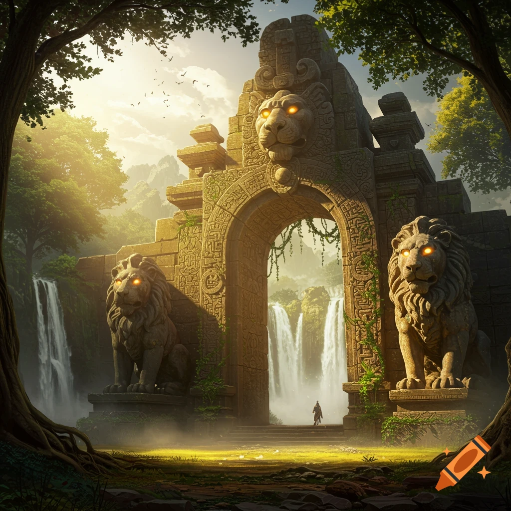 An ancient stone archway with lion statues and glowing eyes, surrounded by lush jungle and waterfalls, with a small figure approaching.