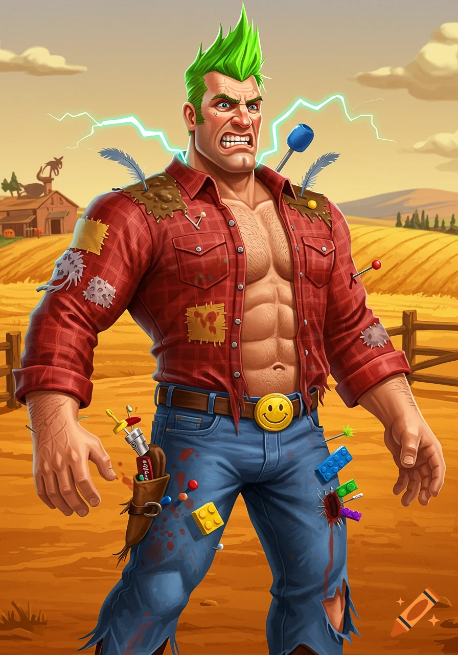 Muscular man with green mohawk, torn red flannel, and jeans covered in slapstick injuries from booby traps on a farm.