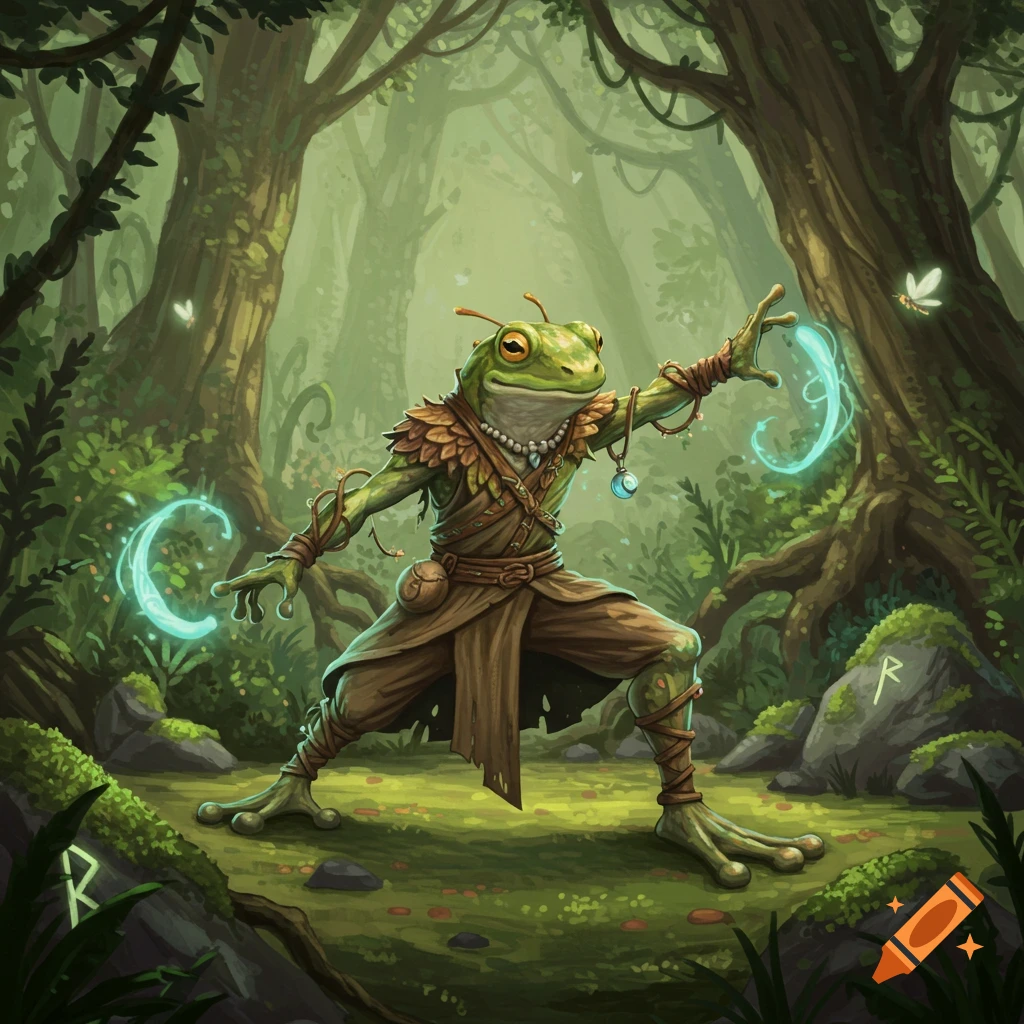 A green frogfolk druid in martial artist pose in a lush forest, casting blue glowing magic symbols.
