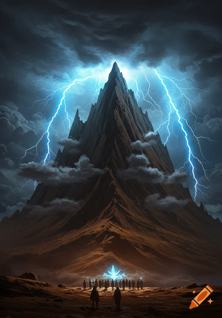 A dark mountain under a stormy sky with lightning bolts. Below, shadowy figures gather around a glowing crystal.
