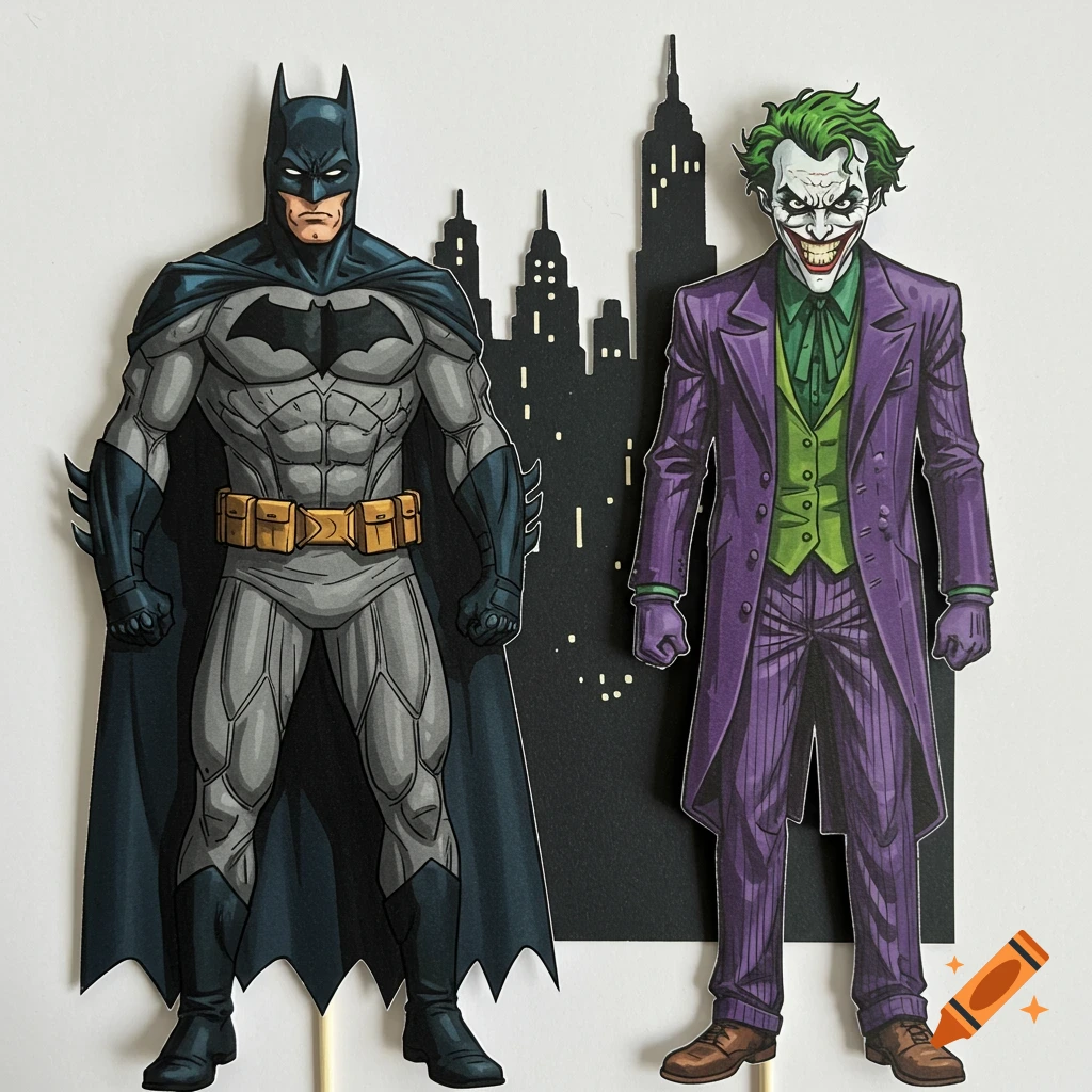 Paper cutouts of Batman and Joker standing against a black city skyline silhouette on a white background.
