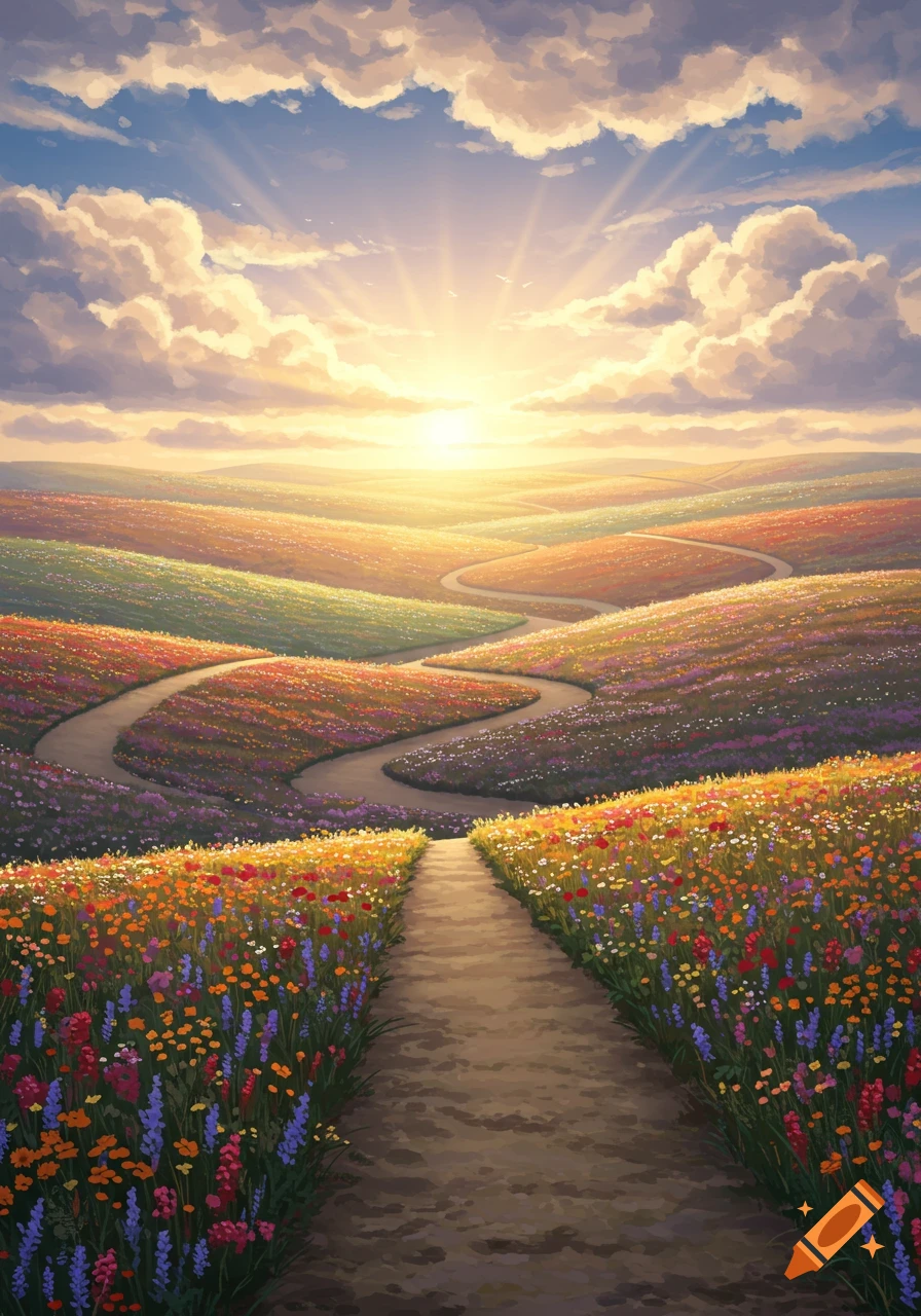 A vibrant digital painting depicts a winding path through rolling hills covered in colorful wildflowers under a bright, cloudy sky.
