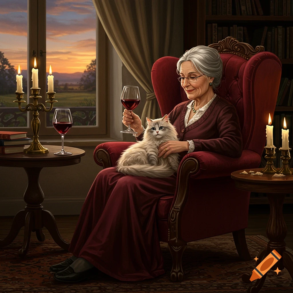 An old woman in a red armchair holds a glass of wine while a cat sits on her lap, with candles and a sunset view outside.