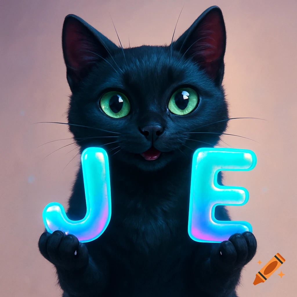 A black cat with large green eyes holds up two glowing blue and pink letters, 'J' and 'E'.