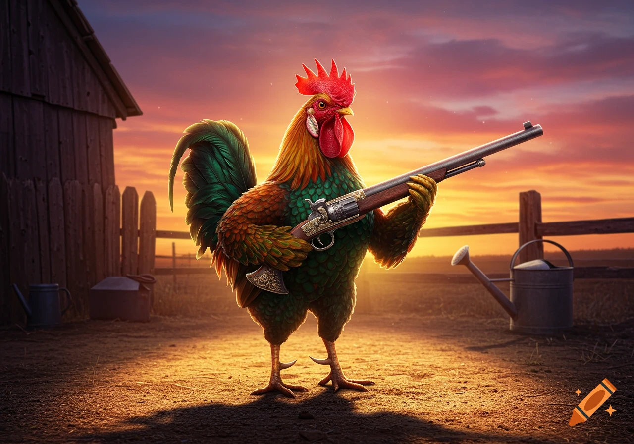 A rooster holding a rifle stands on a farm at sunset.
