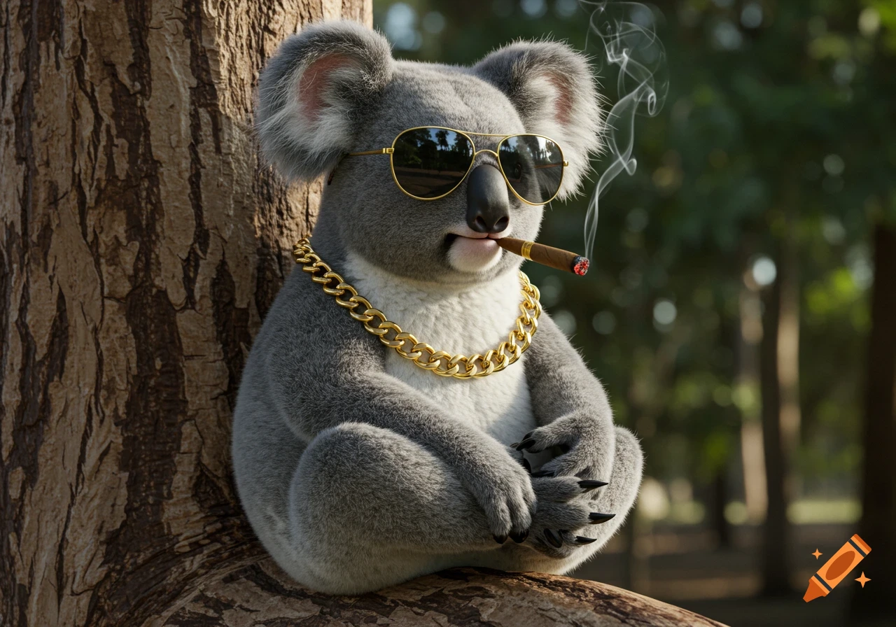 Photorealistic koala on a tree branch wearing sunglasses and a gold chain, smoking a cigar.