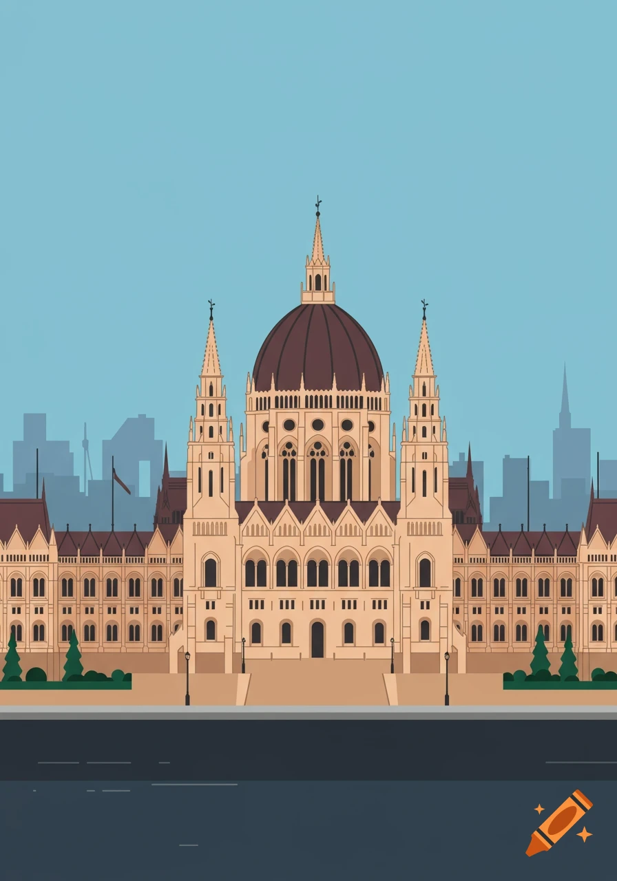 A stylized illustration of a grand parliament building with a large brown dome and multiple spires, set against a light blue sky and a distant city skyline.