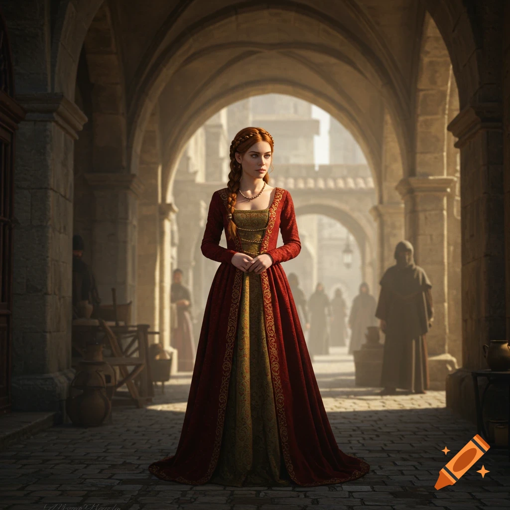 A woman in a long, ornate red and gold historical gown stands in a sunlit stone archway, with blurred figures in the background.