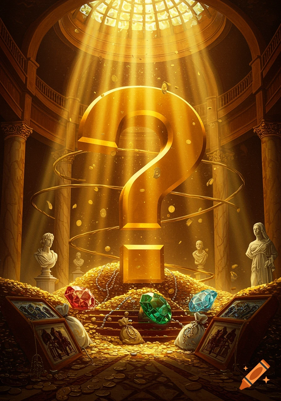 A colossal golden question mark rises from a mountain of gold coins and jewels inside a grand, sunlit classical vault, with light rays streaming down.