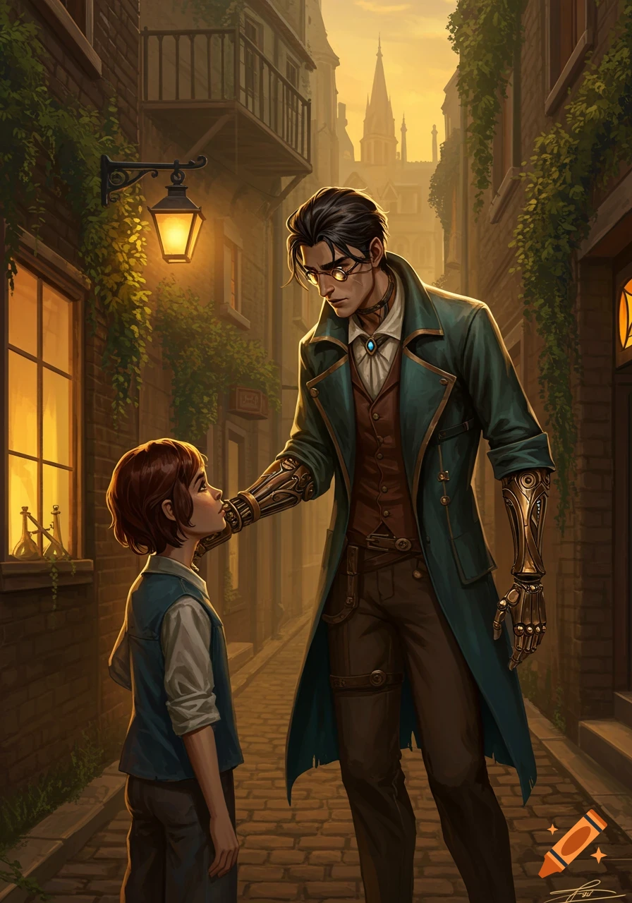 A steampunk man with mechanical arms comforts a young girl on a narrow, lamplit street at sunset in an illustrated style.