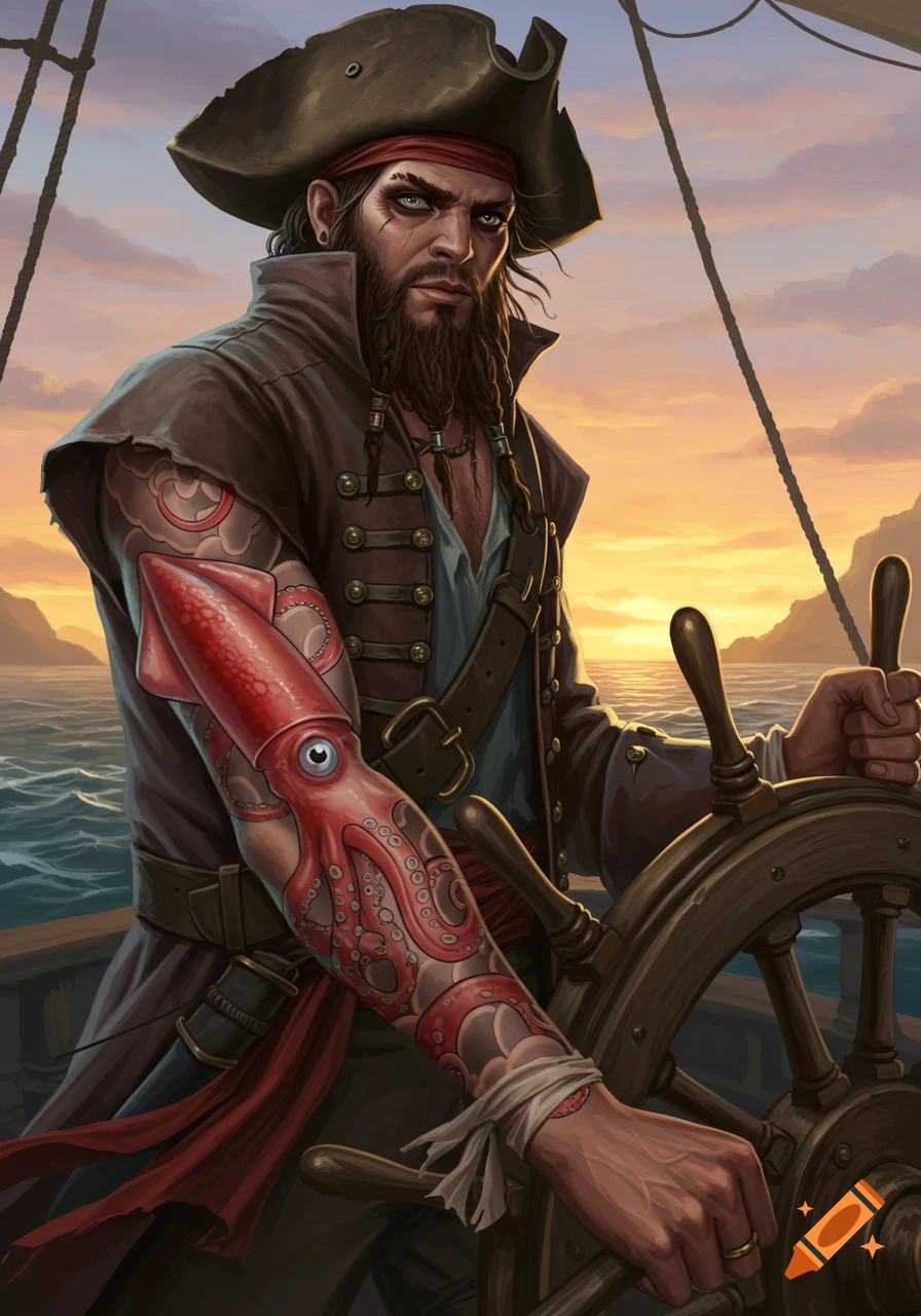 A rugged pirate with a beard and a large red squid tattoo on his arm steers a ship at sunset, digital painting.