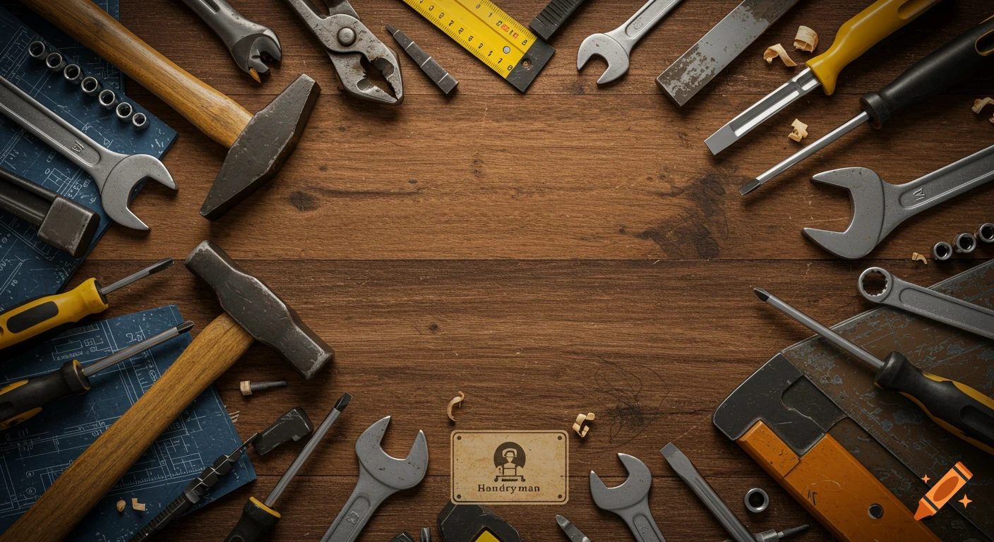 Various hand tools and blueprints arranged on a wooden background, centered with space for text.