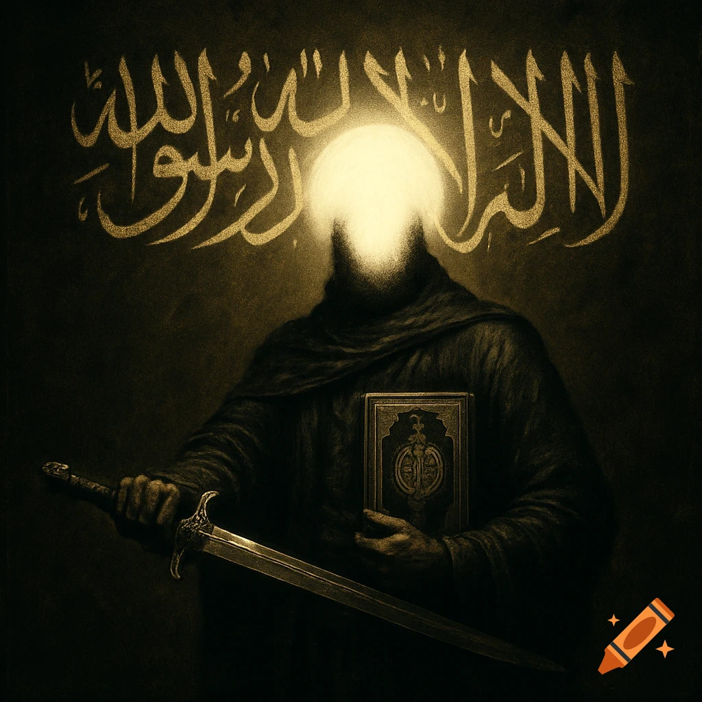 A cloaked warrior with a glowing head holds a sword and a book in a dark setting, with elegant Arabic calligraphy above.
