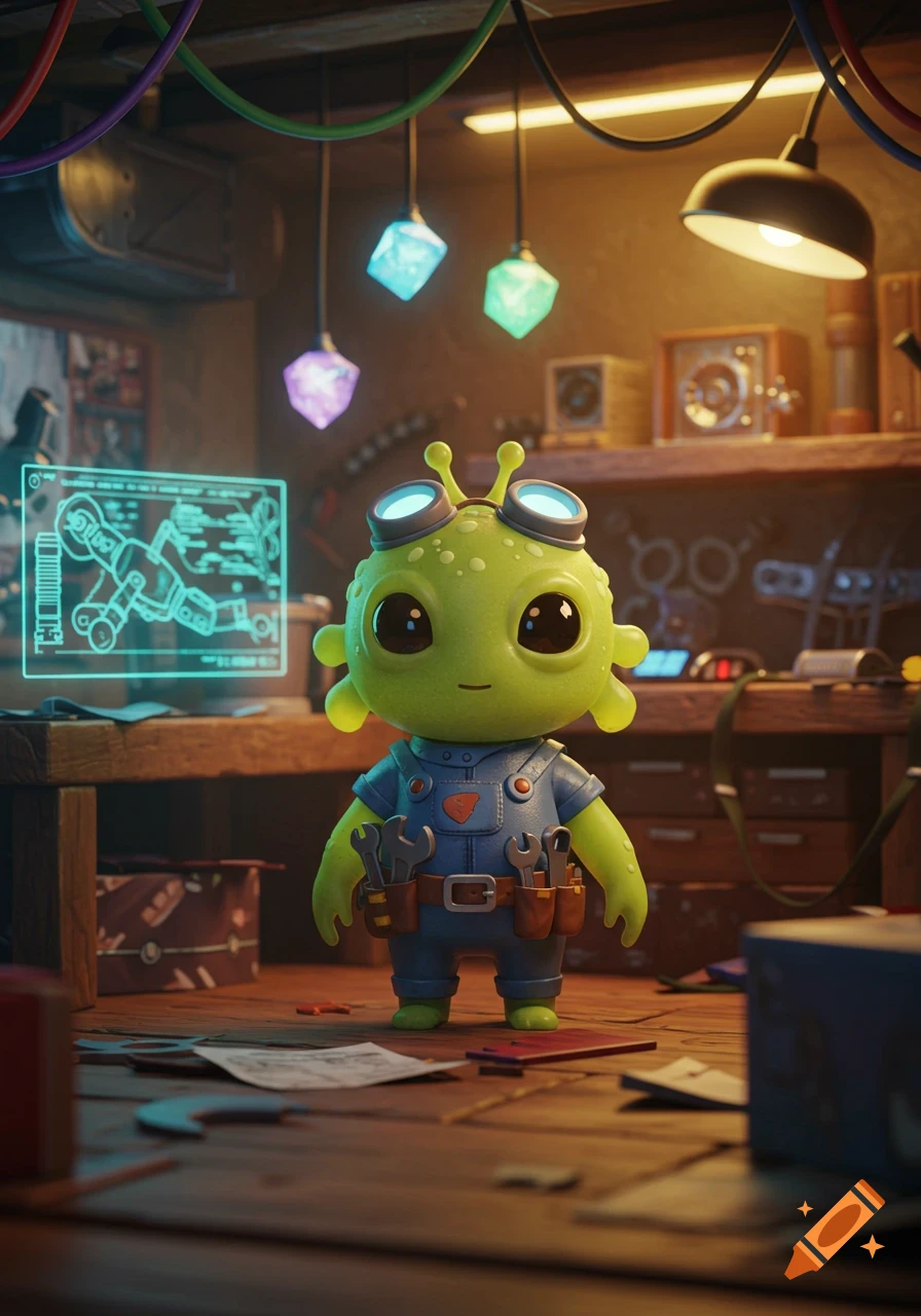 A cute green alien mechanic with goggles and tools stands in a detailed, dimly lit workshop with glowing cube lights.