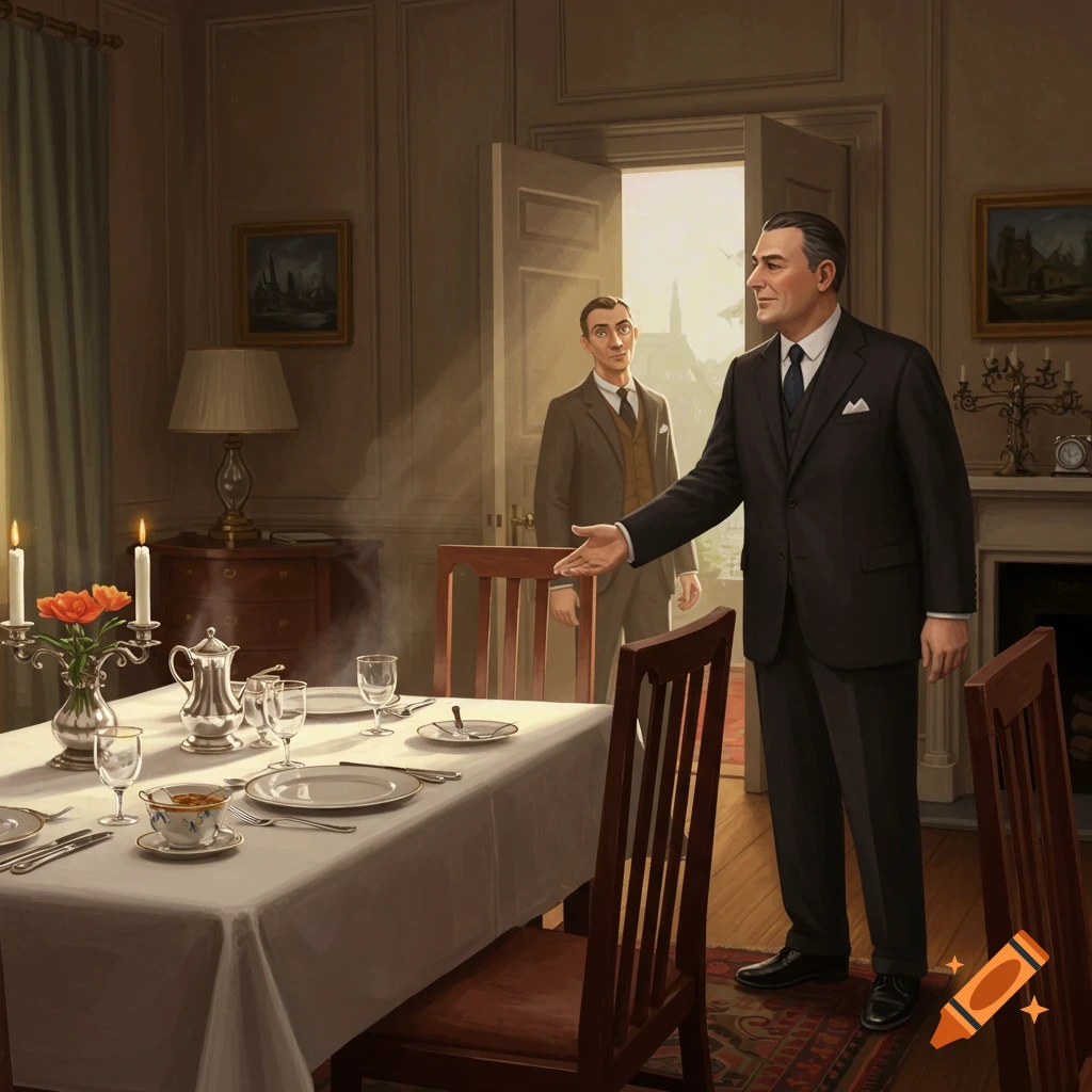 A man in a suit gestures, welcoming another man in a doorway into a formal dining room with a set table, in a realistic illustration.