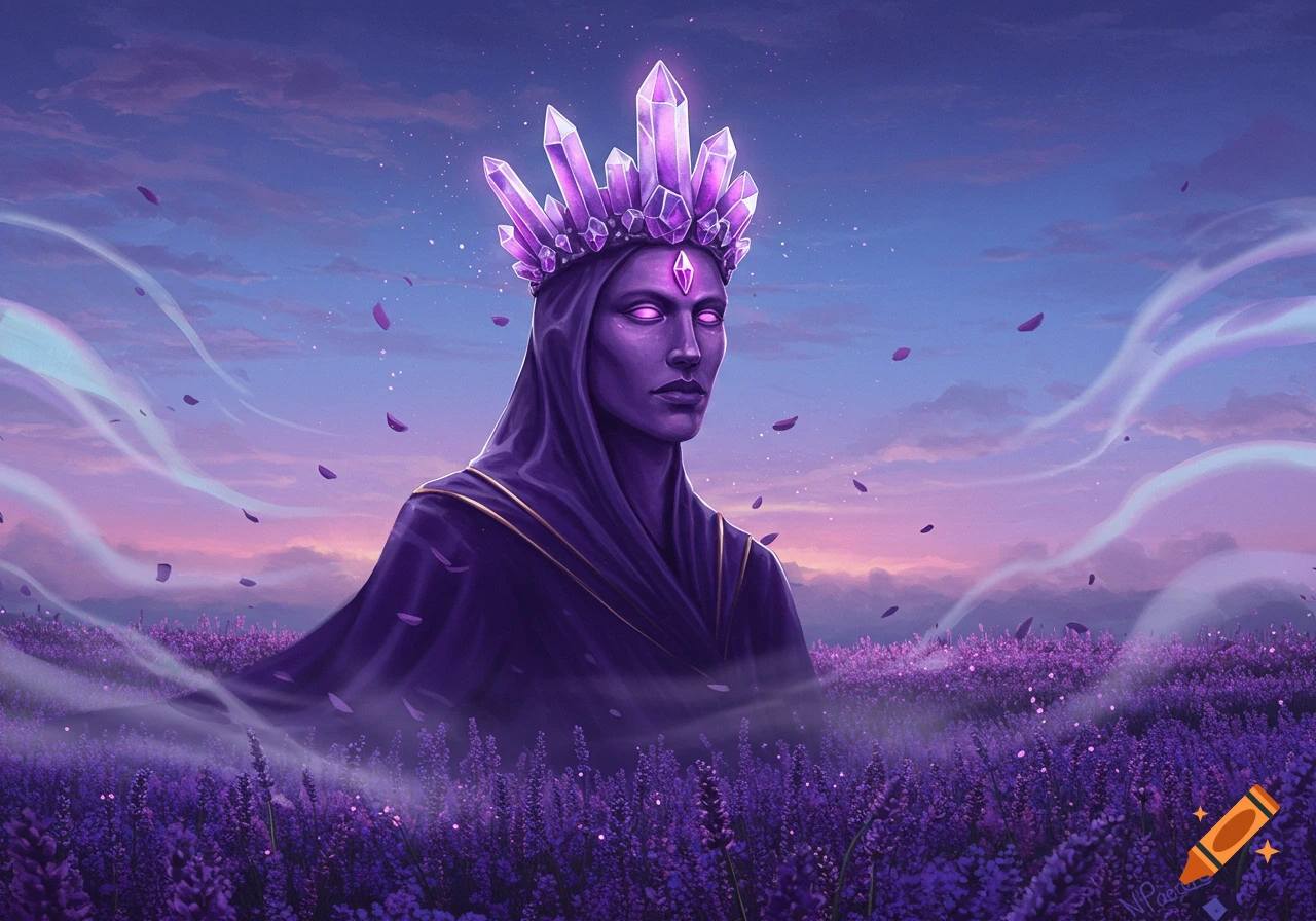 Purple-skinned figure with a crystal crown emerging from a lavender field under a twilight sky, digital art.