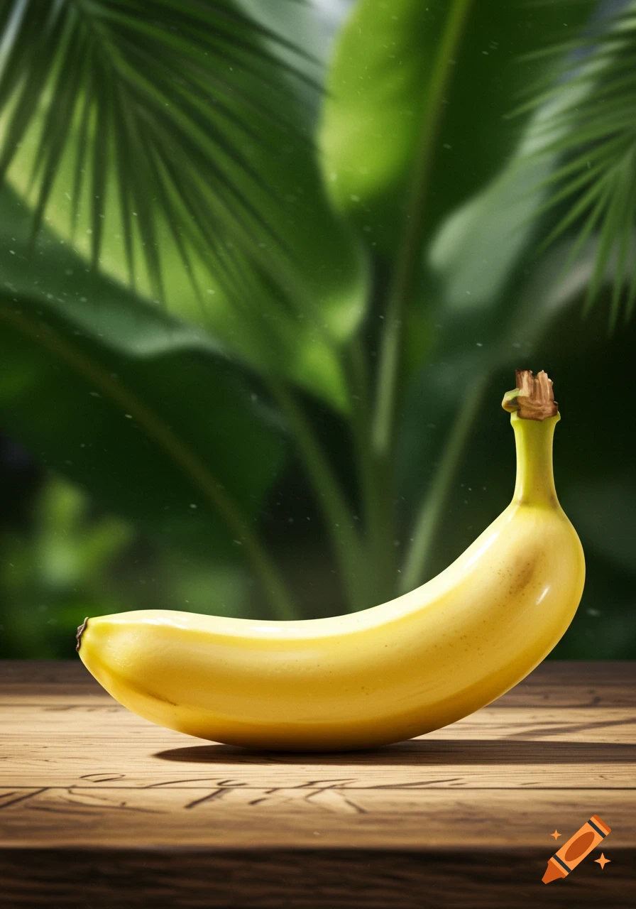 A ripe yellow banana rests on a textured wooden table with a blurred tropical green foliage background, captured in a photorealistic style.