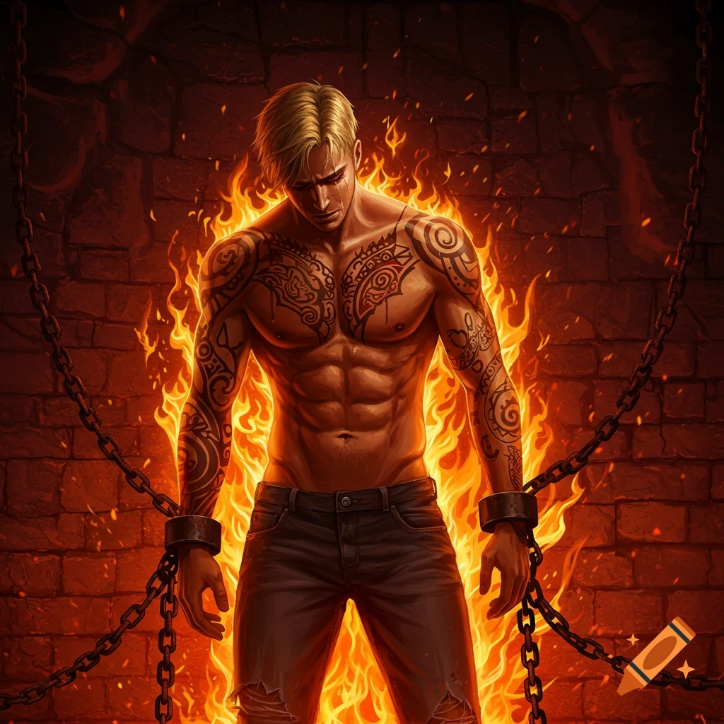 A muscular, tattooed man with blonde hair stands chained against a brick wall, engulfed in flames.