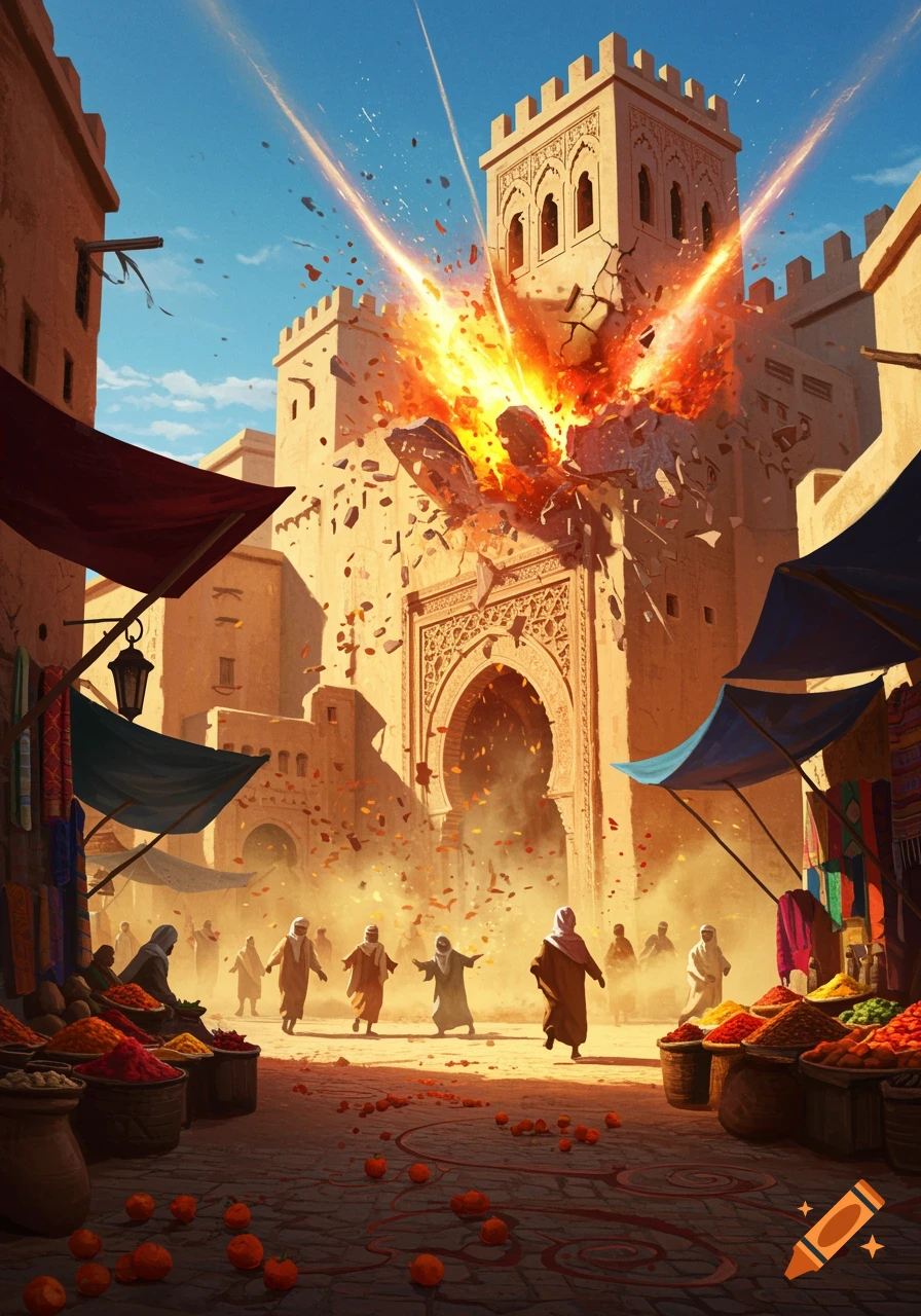 Explosion at a Moroccan-style archway in a market street with people running and stalls of goods, under a blue sky.