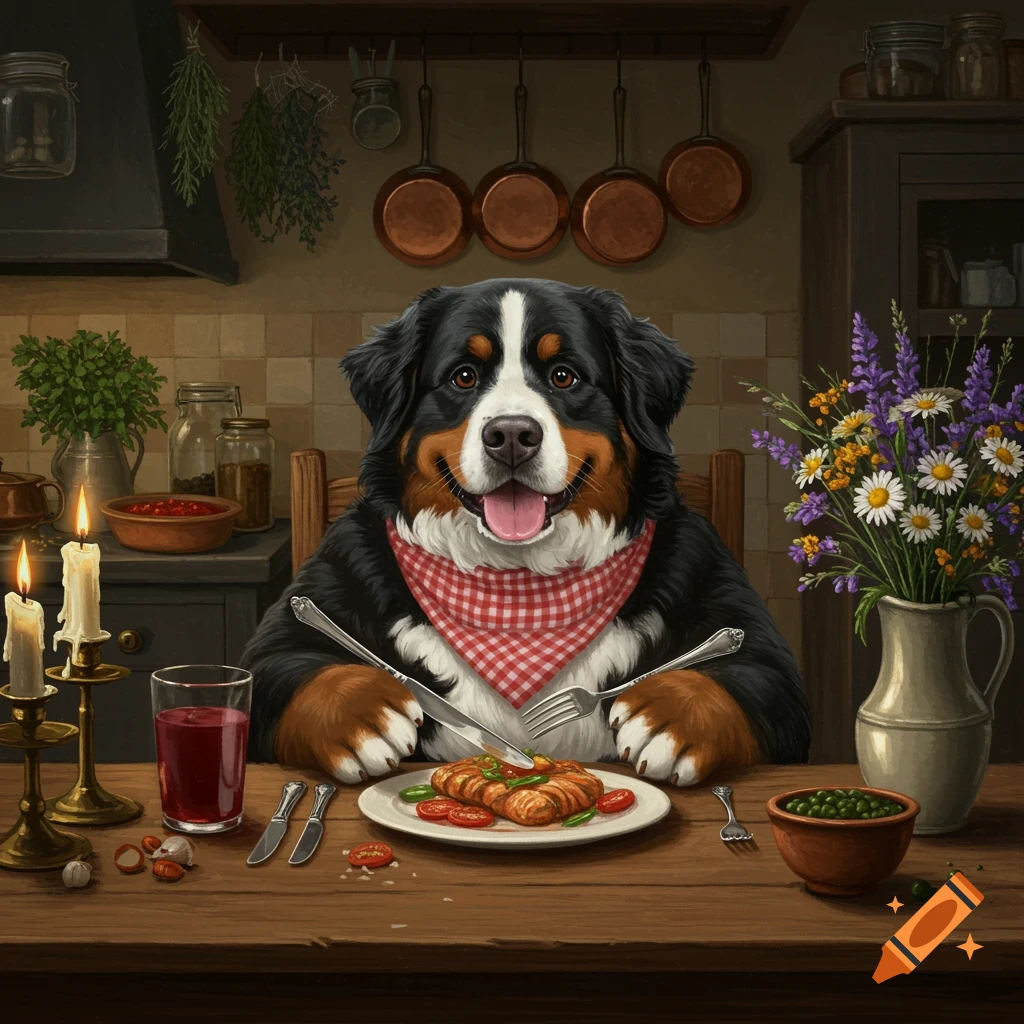 A happy Bernese mountain dog in a red checkered neckerchief sits at a dinner table with a knife and fork, ready to eat.