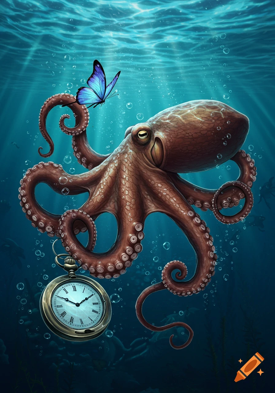 An octopus swims underwater, holding a pocket watch with one tentacle and a blue butterfly resting on another. The scene is illuminated by sunlight filtering through the water.