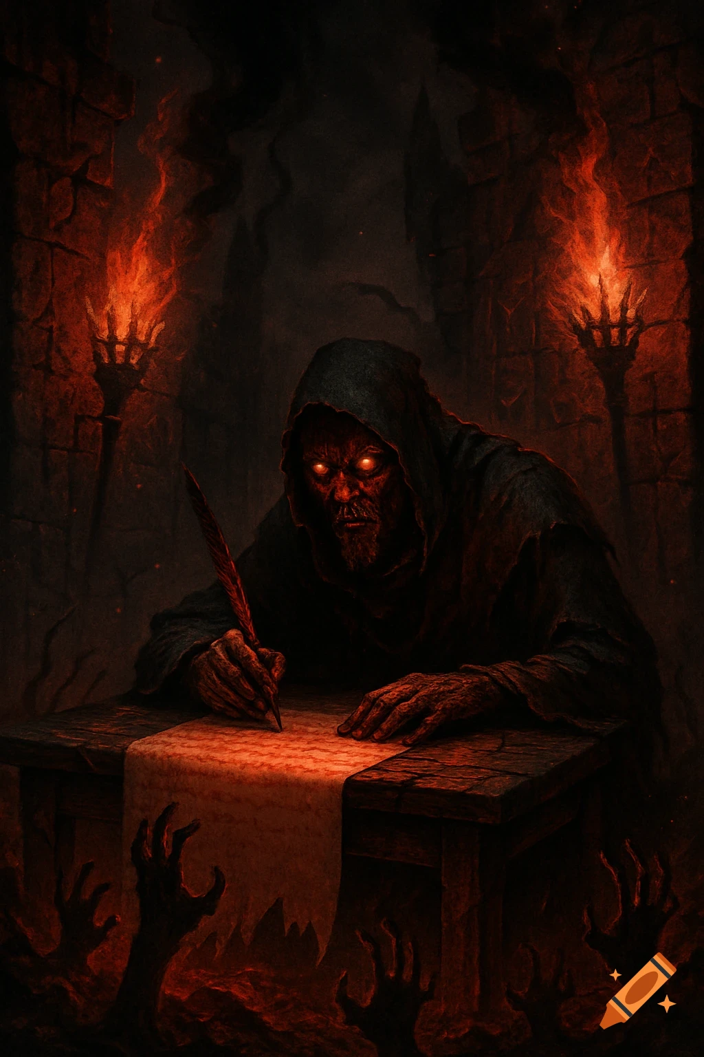 A dark, hooded figure with glowing red eyes and a beard writes on a scroll with a quill at a wooden desk, surrounded by flames and skeletal hands reaching from below in a dungeon.