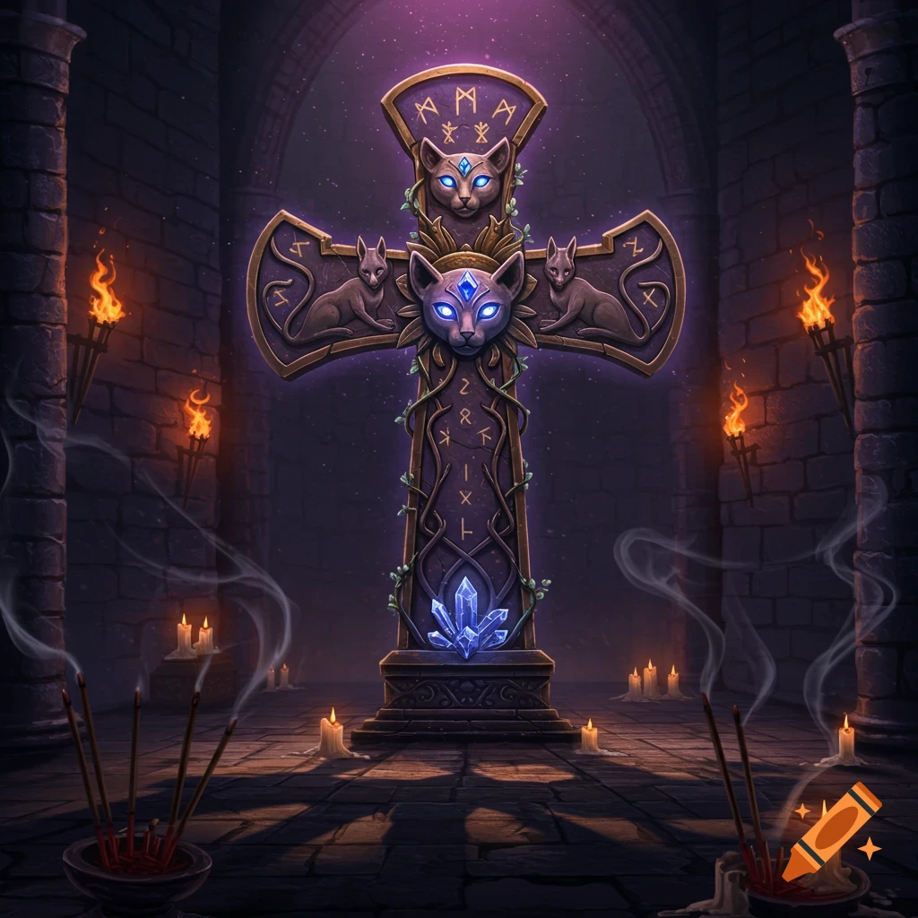 Ornate dark cross with glowing cat eyes and runes, surrounded by candles, torches, and smoke in a stone chamber.