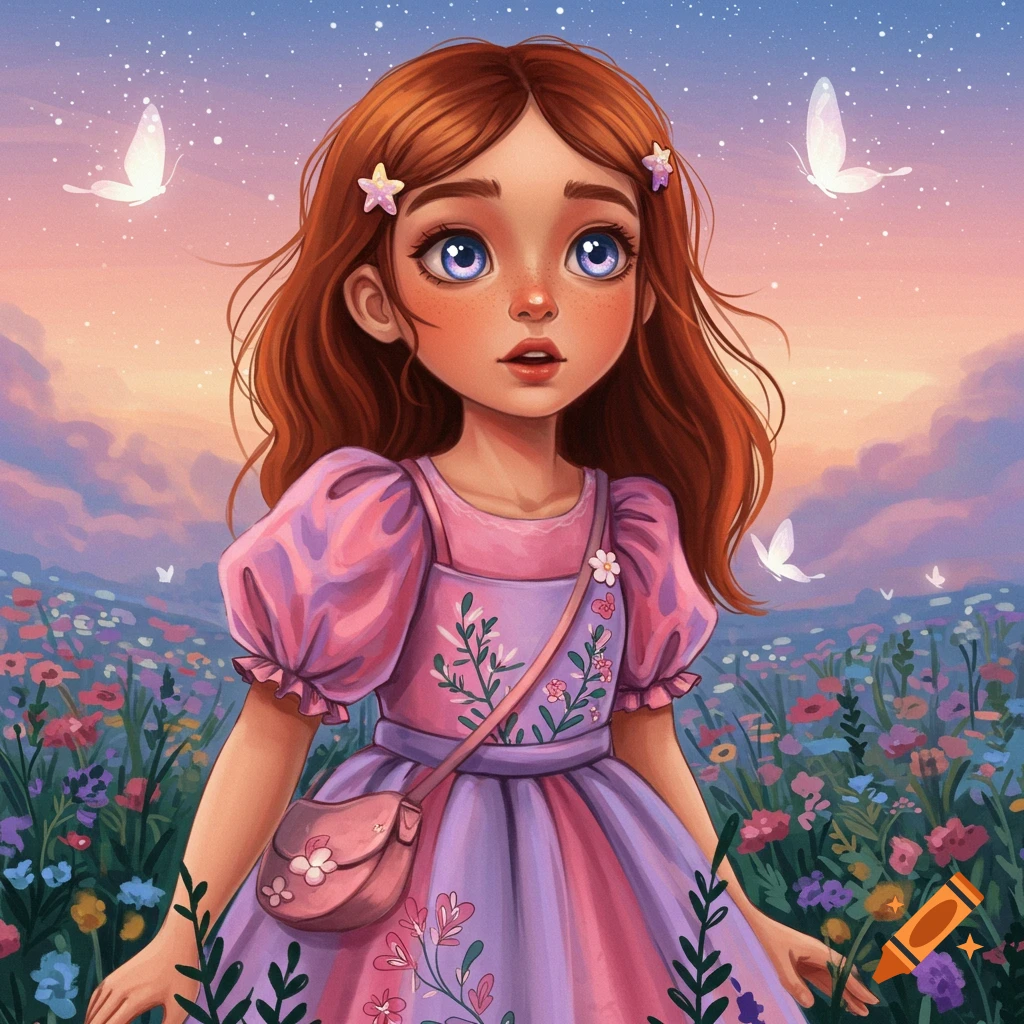 Whimsical illustration of a red-haired girl in a pink floral dress in a flower field with butterflies.