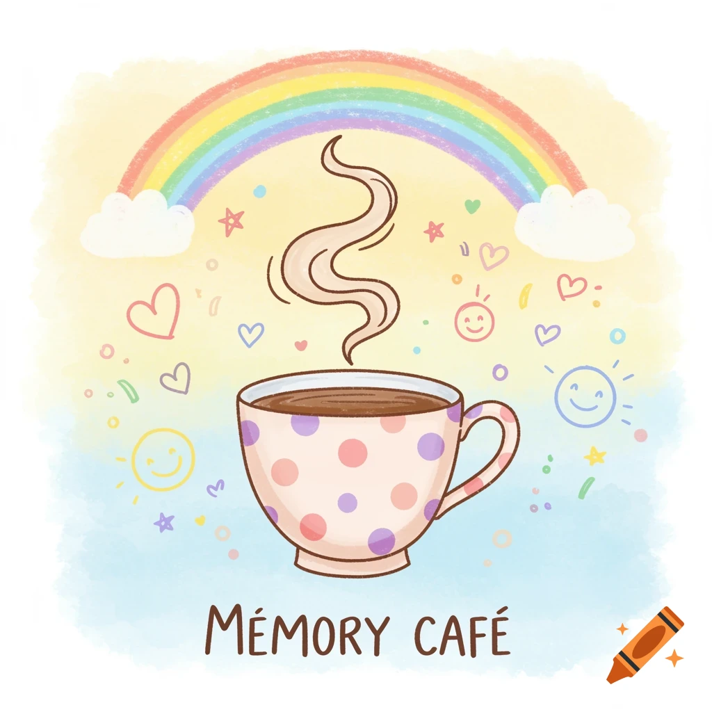 A child-like cartoon drawing of a coffee cup with a rainbow, hearts, and steaming coffee, text reads 'MÉMORY CAFÉ'.