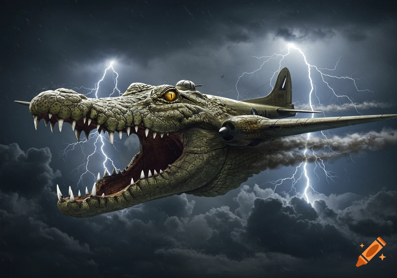 A photorealistic image of a bomb plane with a crocodile's head flying through a stormy sky with lightning.