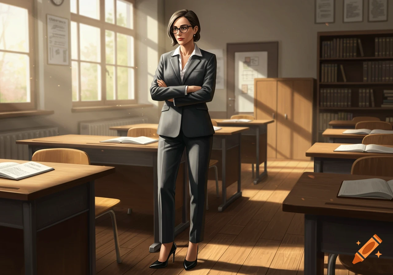 An illustration of a short-haired woman in a dark suit and high heels standing in a sunlit classroom with desks.