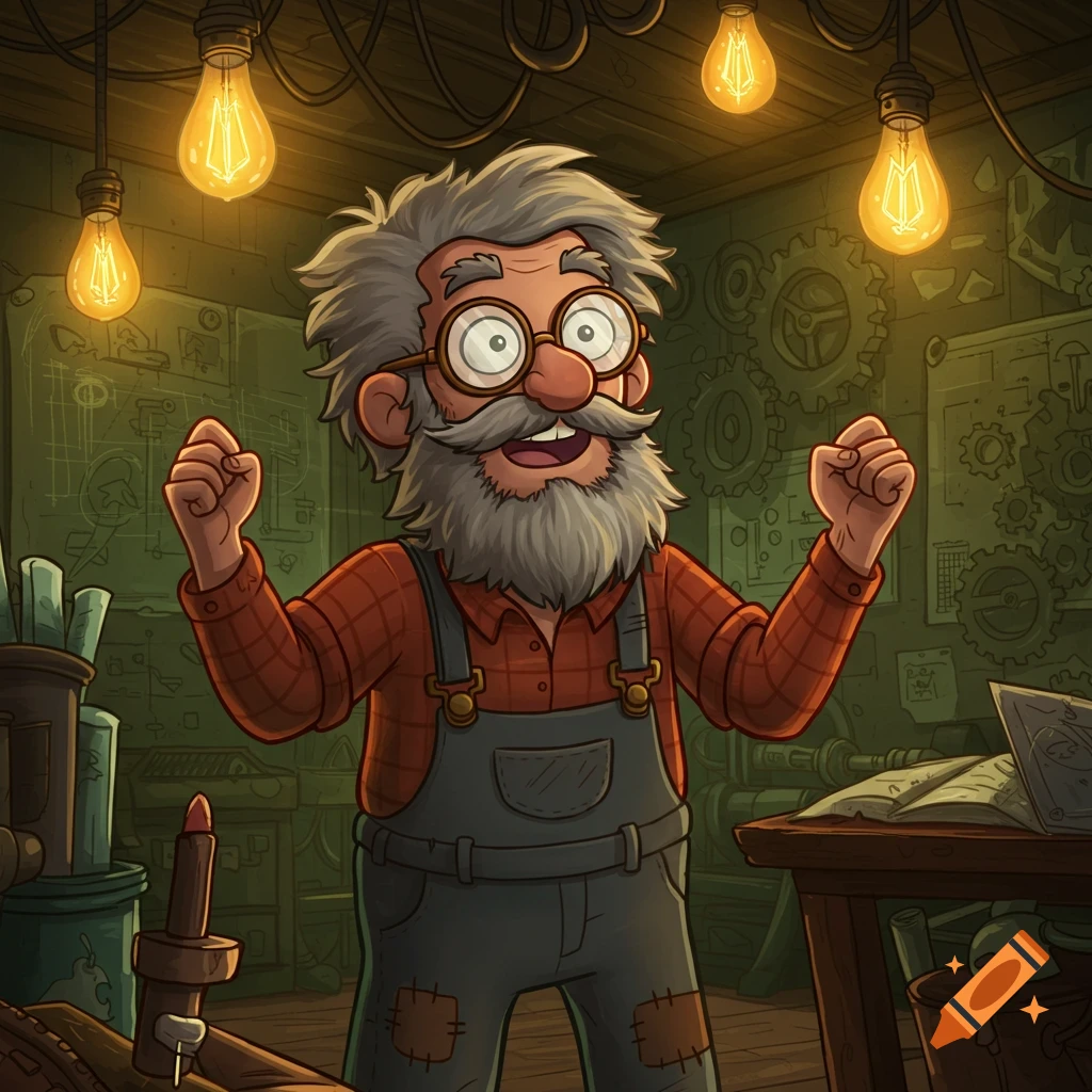 A cartoon old man with a grey beard and glasses, wearing overalls, raises his fists in a workshop with glowing light bulbs.