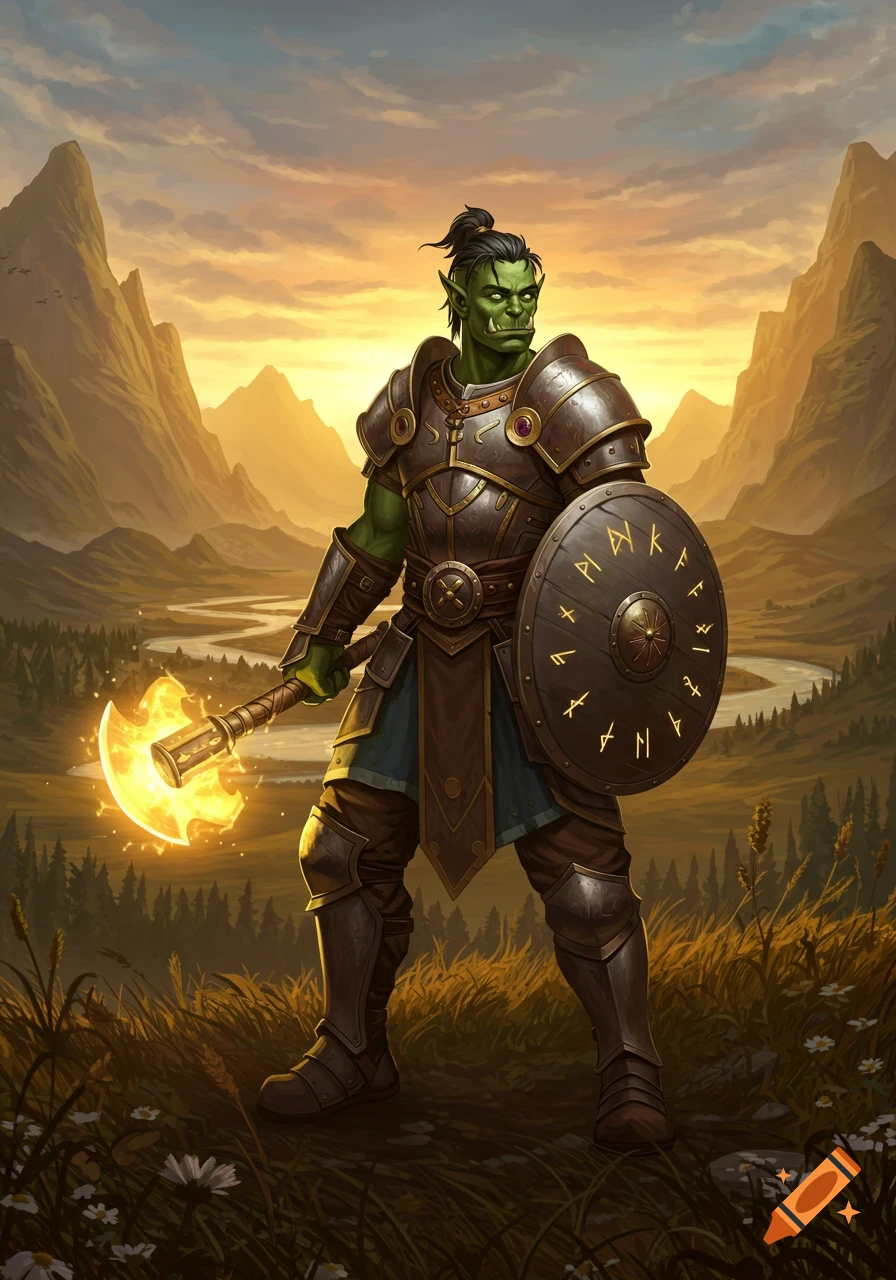 A green-skinned orc warrior in bronze armor holds a glowing axe and a shield with runes, standing in a golden, mountainous fantasy landscape at sunset.