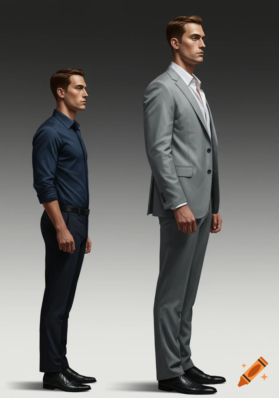 Photorealistic illustration of a tall man in a grey suit and a shorter man in a dark blue shirt and pants standing side-by-side.