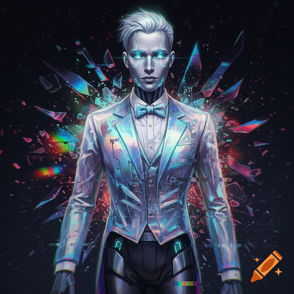 Photorealistic depiction of a male cyborg with glowing blue eyes and white hair, wearing a transparent iridescent tuxedo, against a shattered, glitchy background.
