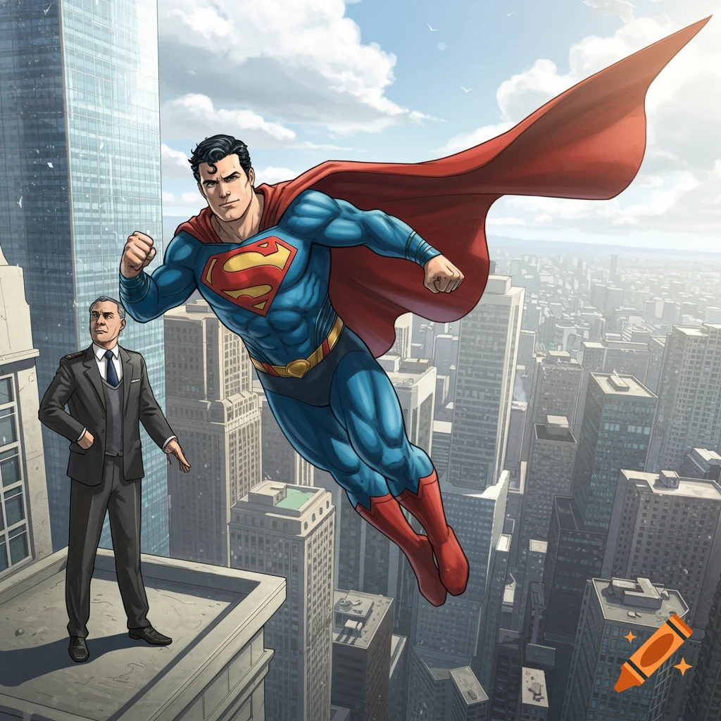 Superman flies above a cityscape next to a man in a suit standing on a rooftop in a comic book art style.