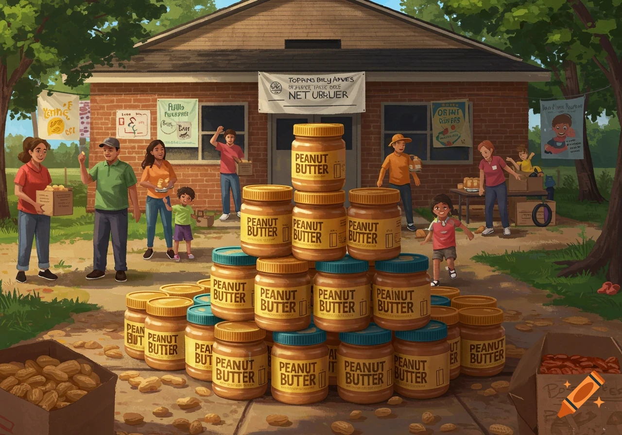 An outdoor scene of a peanut butter food drive with many jars of peanut butter stacked, and people participating in the event outside a brick building.