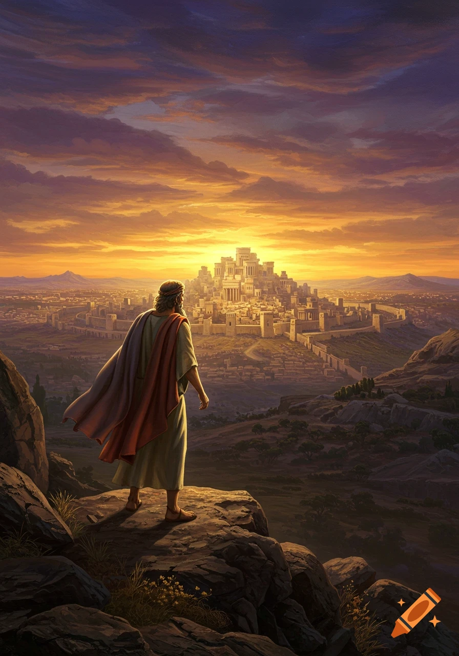 A robed figure stands on a rocky hill overlooking a vast walled ancient city bathed in the warm light of a sunset or sunrise.