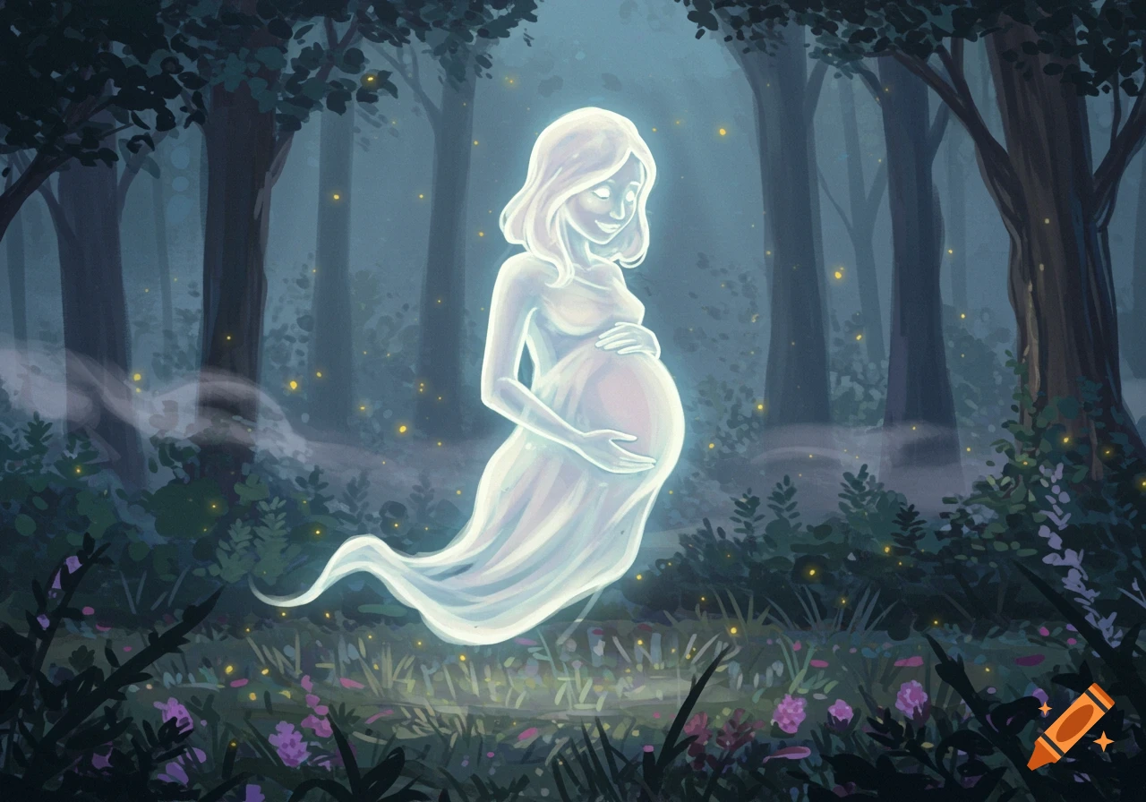 An ethereal pregnant ghost with a glowing belly floats in a misty, dark forest with fireflies and glowing purple flowers. Illustrated style.