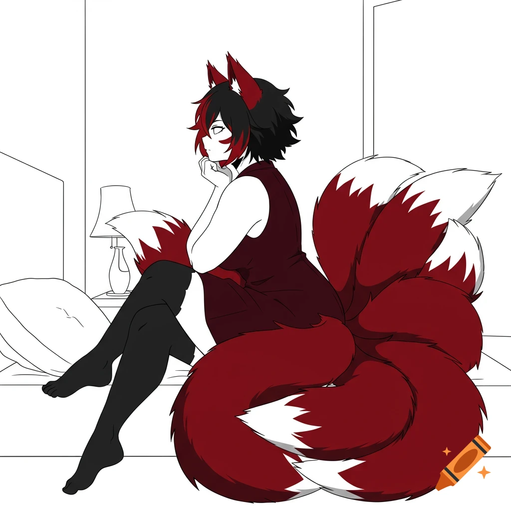 An anime girl with black and red hair and fox ears sits on a bed. She wears a dark red dress and black thigh-high socks, looking over her shoulder with six large red and white fox tails behind her.