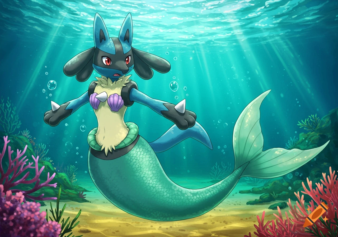 An anime-style illustration of Lucario, a blue and black Pokemon, depicted as a mermaid with a green tail and purple seashell bra, swimming underwater among coral.
