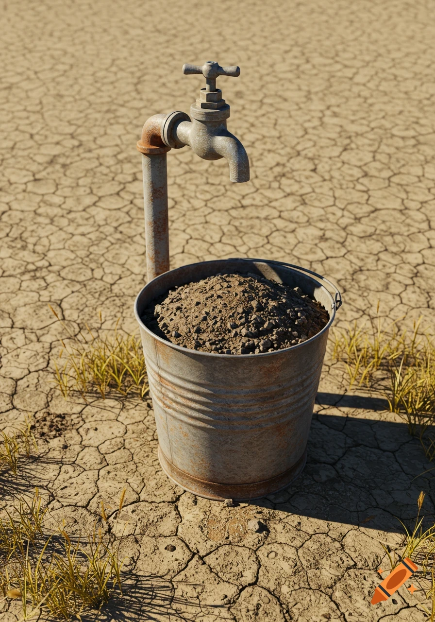 A rusty water spigot stands over a metal bucket filled with dry dirt on cracked, parched earth, under a clear sky, photorealistic.