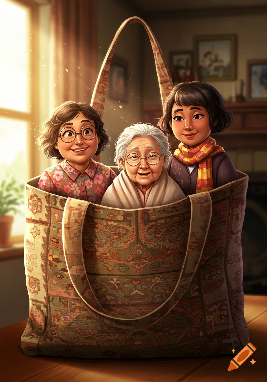 Three smiling women, an elderly woman and two younger women, peek out of a large ornate patterned bag in a warm, illustrated scene.