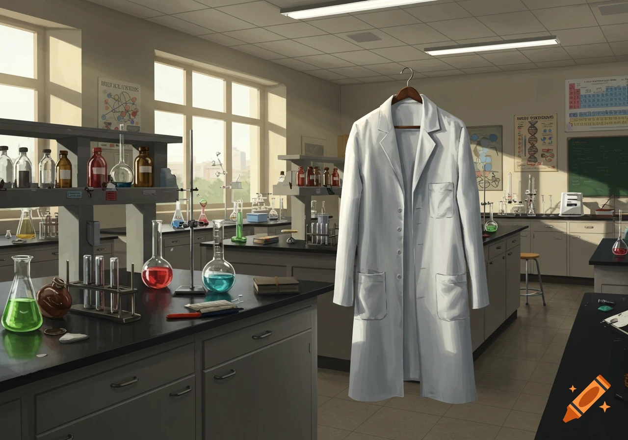 A white lab coat hangs in a brightly lit science laboratory filled with beakers, flasks, and scientific equipment.