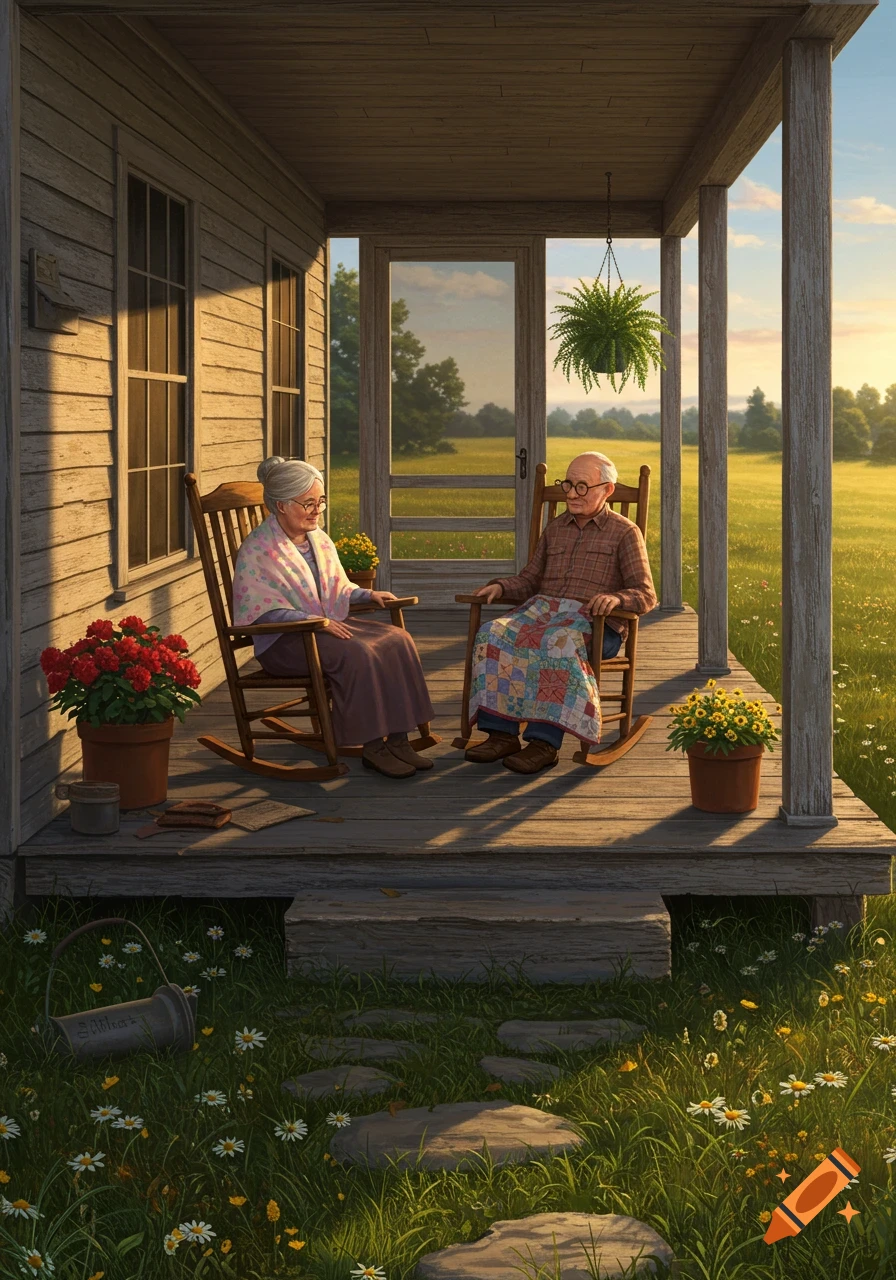 An elderly couple sits in rocking chairs on the front porch of an old house, overlooking a sunny field.
